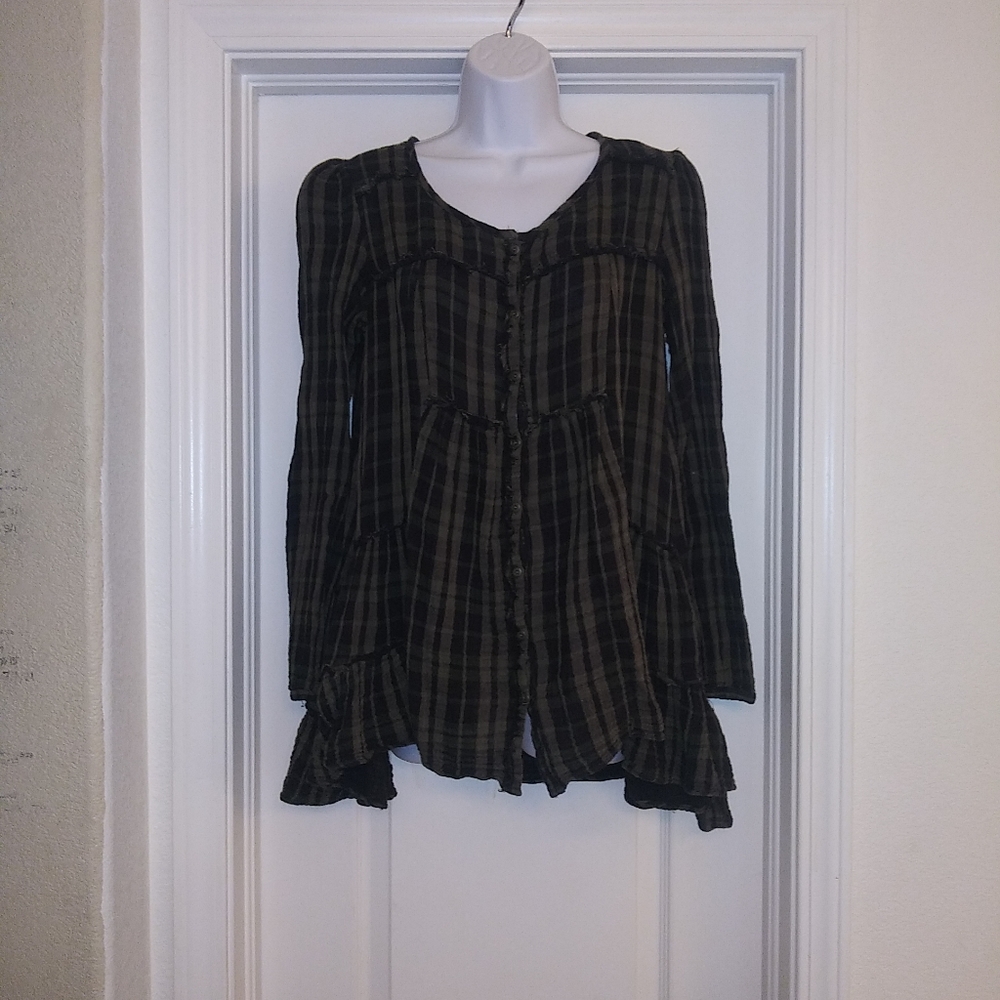 Free People Plaid Ruffle Button Down Top